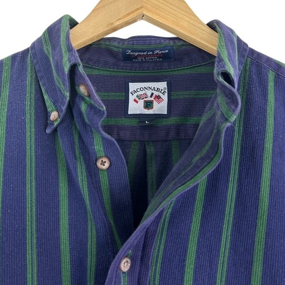 Vintage 90s‎ Faconnable Blue Green Striped Long Sleeve Button Down - Picture 3 of 6